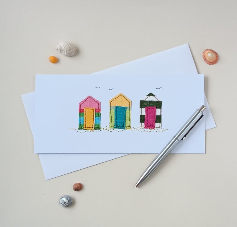Embroidered Beach Huts Greetings Card