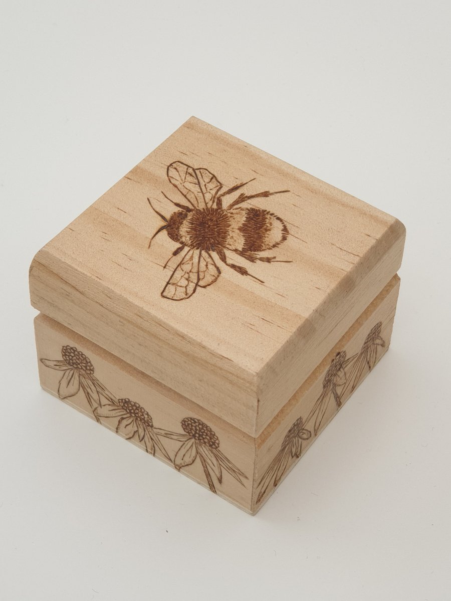 Wooden ring box, small trinket box with pyrography bee design 