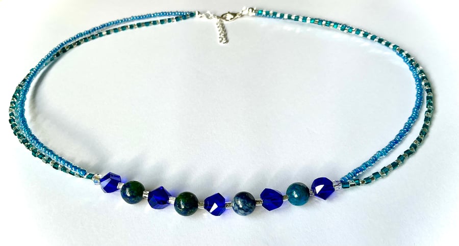 Blue and Green Twin Strand Beaded Necklace 