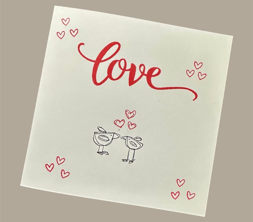 Blank birthday, love, engagement or anniversary card. Kissing birds, hearts