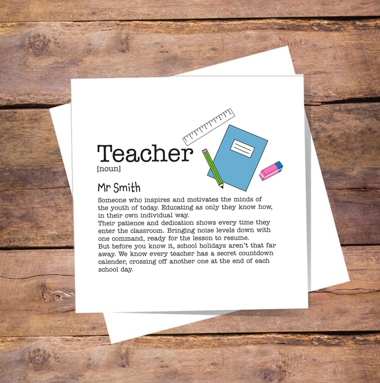 Teacher Definition Card - Thank you, birthday, good luck,personalised.