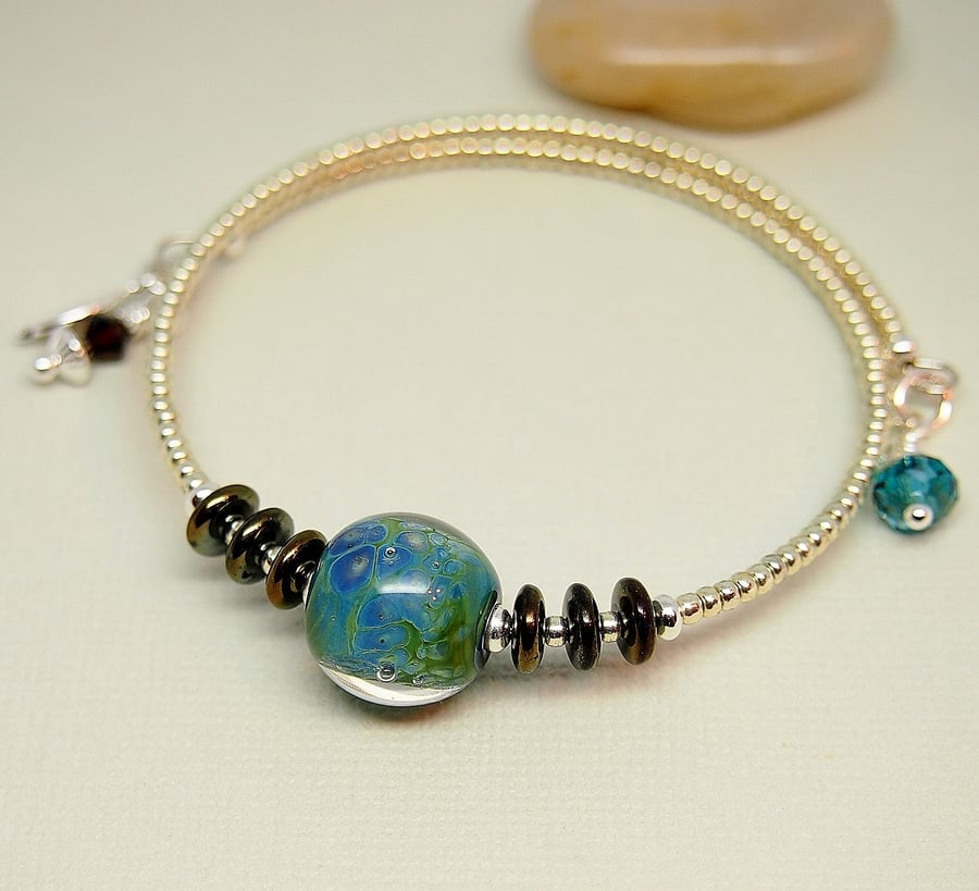 Glass Bead Memory Wire Bracelet - Silver - Lampwork