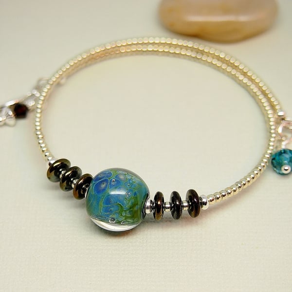 Glass Bead Memory Wire Bracelet - Silver - Lampwork