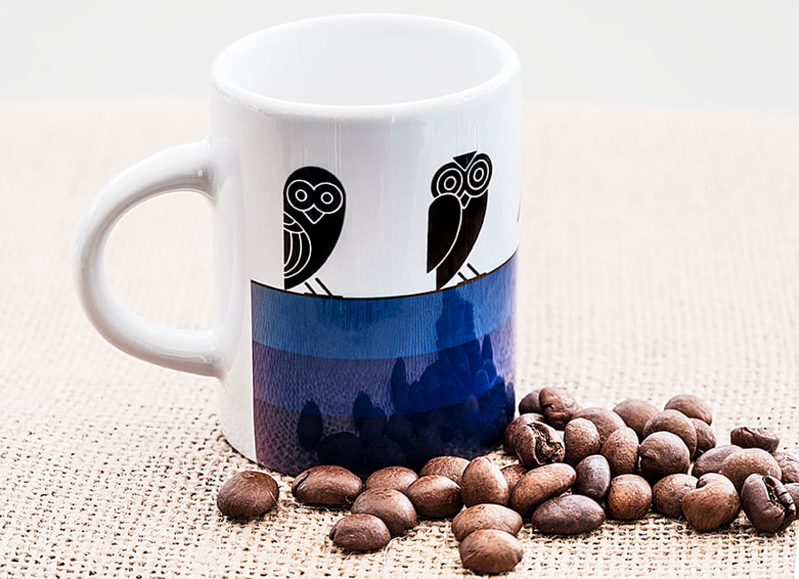 Blue Owl Espresso Coffee Mug Aztec style design Insomniacs Nightowls