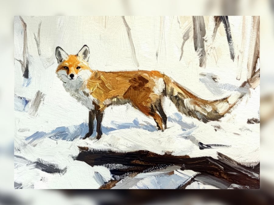 Winter Fox in Snow Oil Painting, Majestic Wildlife Art 5"x7" Matte Print