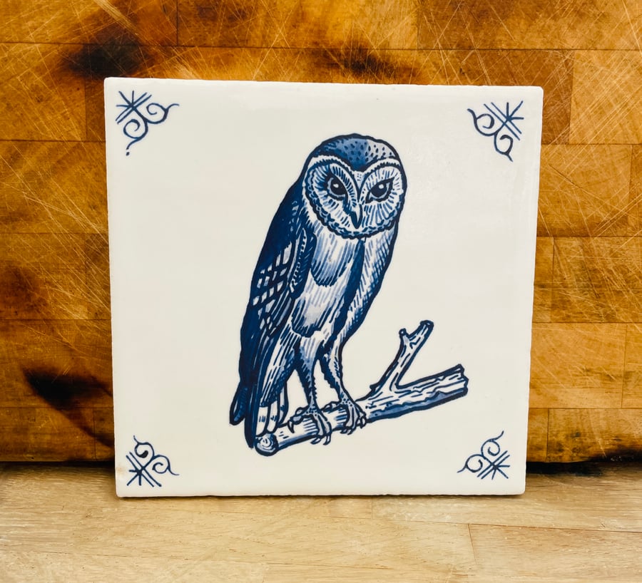 Handmade stoneware tile with Owl image