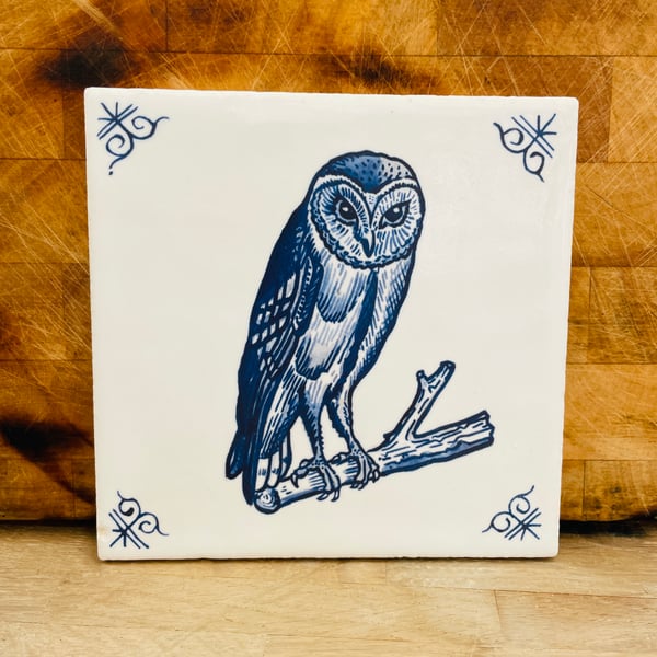 Handmade stoneware tile with Owl image