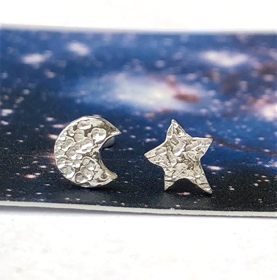 Mini Textured Star And Half Moon Earrings, Mismatched Stud