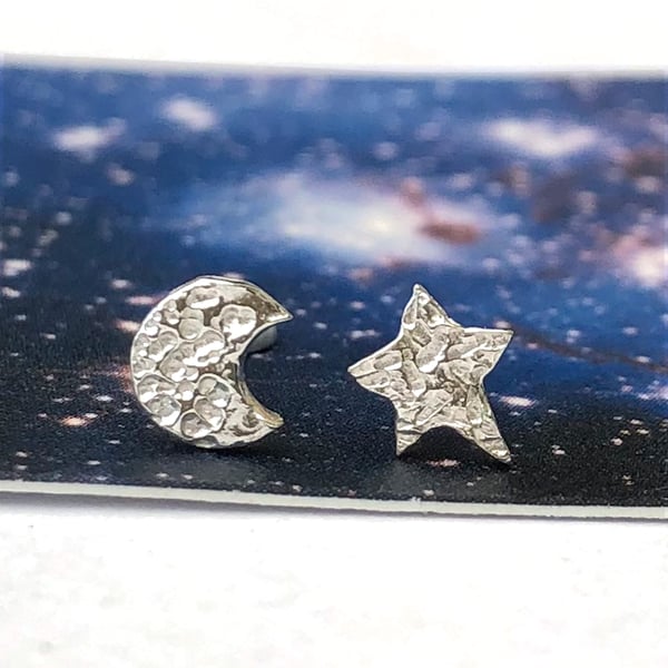 Mini Textured Star And Half Moon Earrings, Mismatched Stud