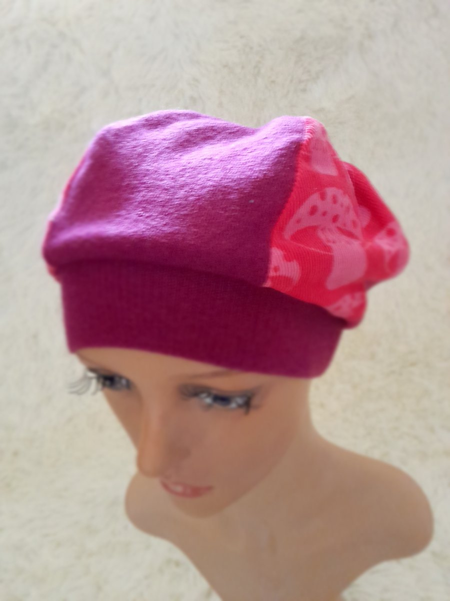 Magenta Pink Psychedelic Mushroom Beanie Beret Merino Wool Felted Corduroy Hat
