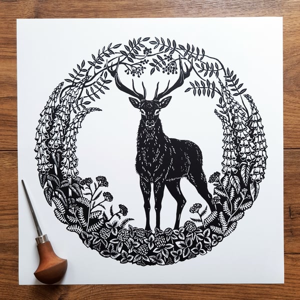 Buck Moon - limited edition lino print of stag and wildflowers