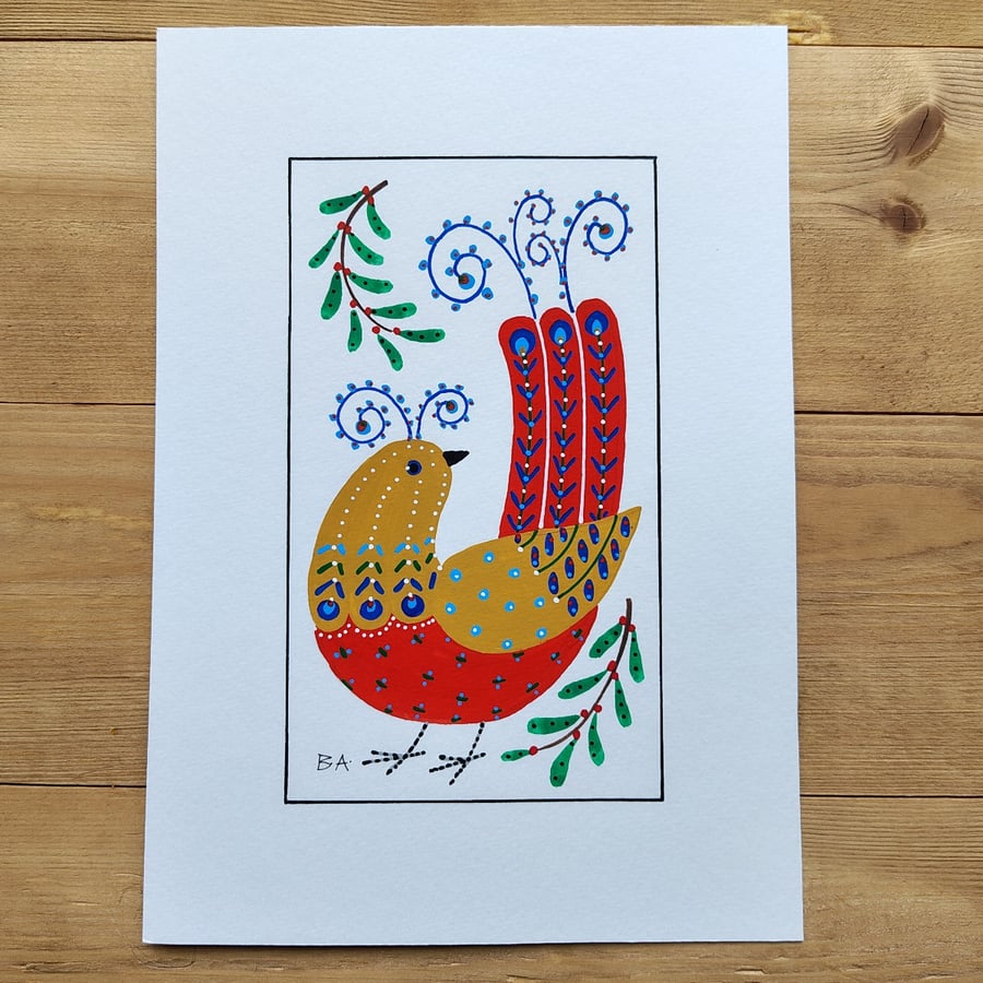 Original folk art bird painting, A5 colourful, magical bird art