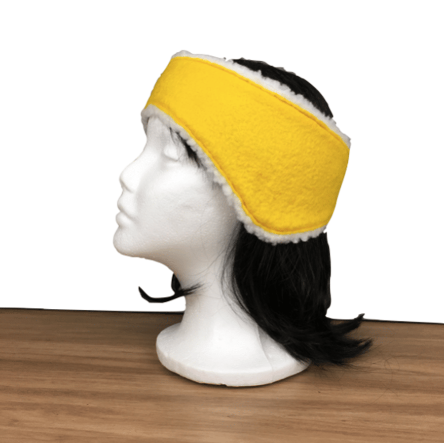Felted ear warmer, headband in yellow with sherpa fleece lining