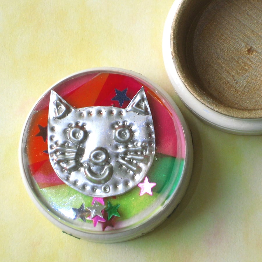 Cat Gift Box, Wooden Box with Decorated Lid