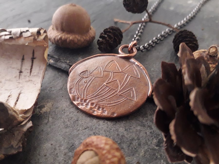 Cluster of mushrooms, copper pendant, autumn, Samhain 
