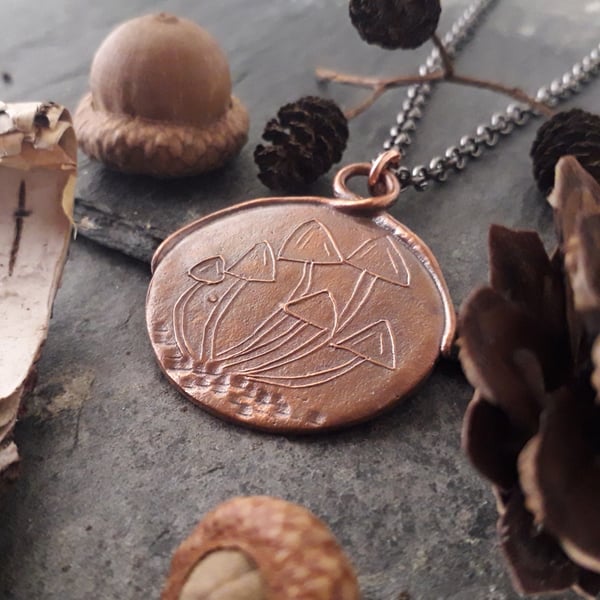 Cluster of mushrooms, copper pendant, autumn, Samhain 