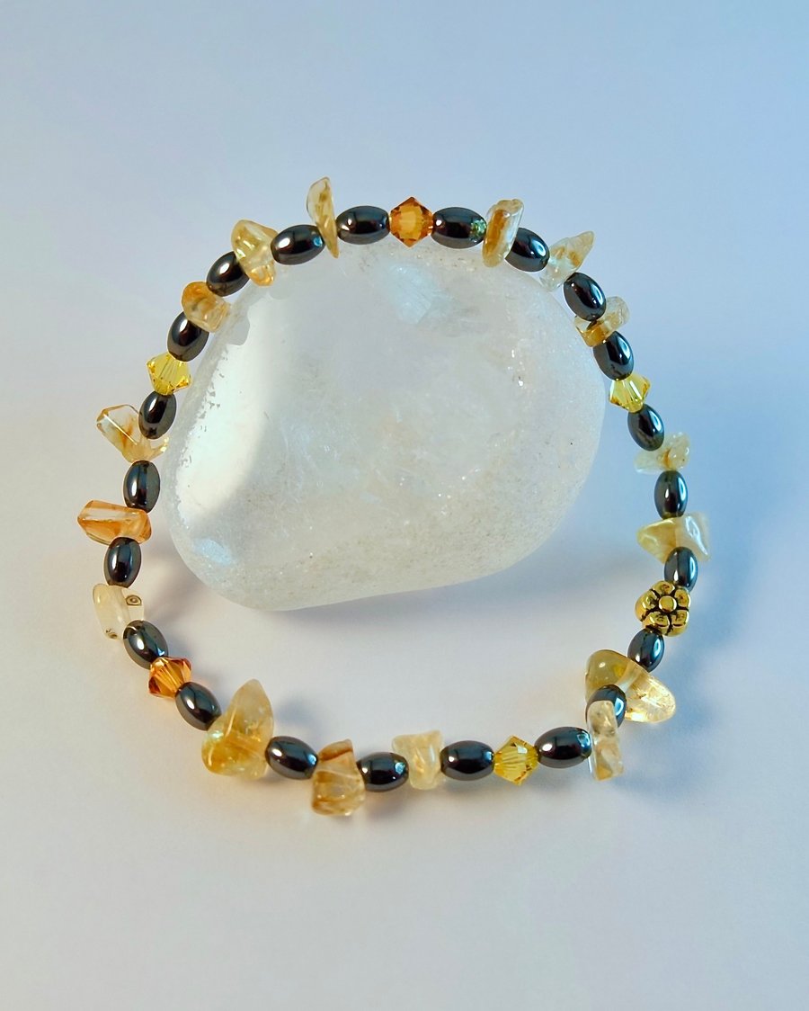 Natural Citrine, Hematite & Crystal Bracelet, Birthday, November Birthstone Gift