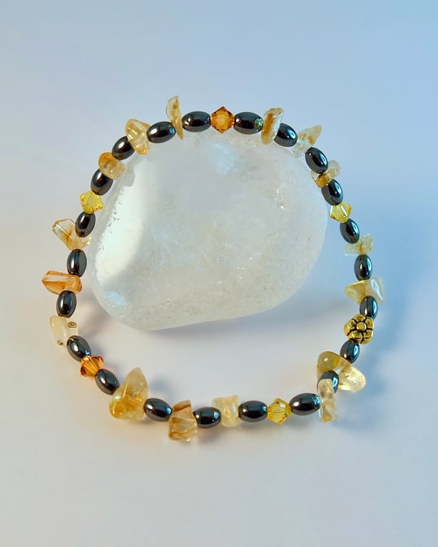Natural Citrine, Hematite & Crystal Bracelet, Birthday, November Birthstone Gift