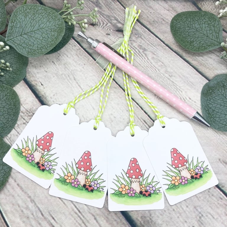 Toadstool & Flowers Gift Tags - set of 4 tags