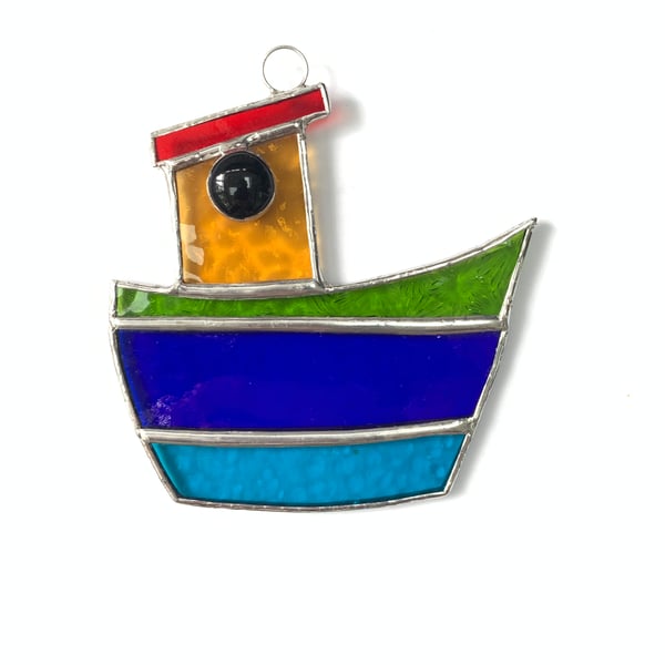 Stained Glass Tug Boat Suncatcher - Handmade Window Decoration - LimeBlue Turq