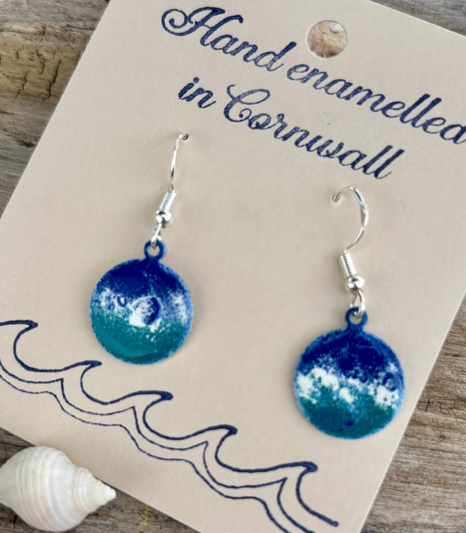 Hand enamelled Cornish sea earrings on sterling silver ear hooks 