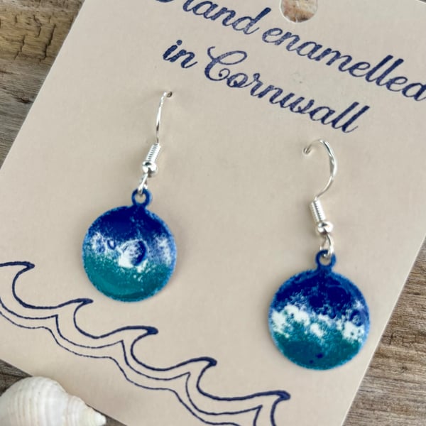 Hand enamelled Cornish sea earrings on sterling silver ear hooks 