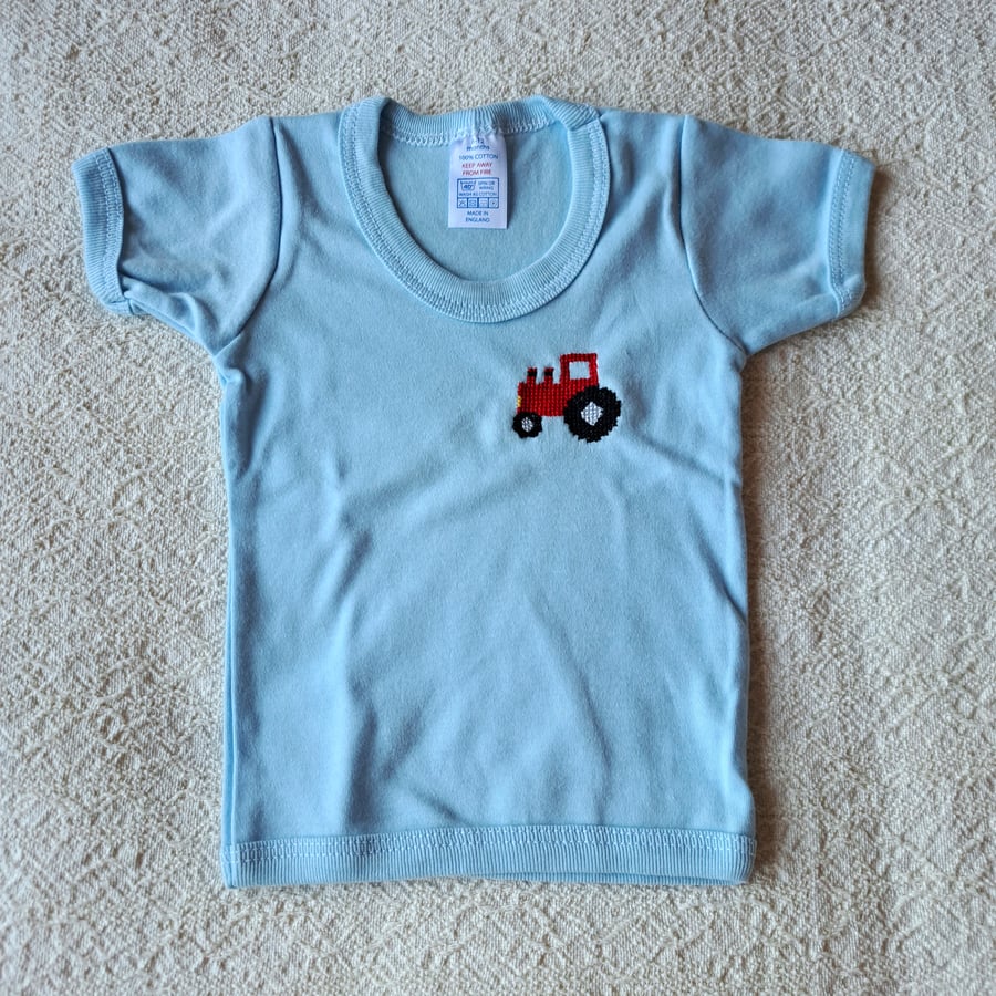 Tractor, T-shirt, age 6-12 months, hand embroidered