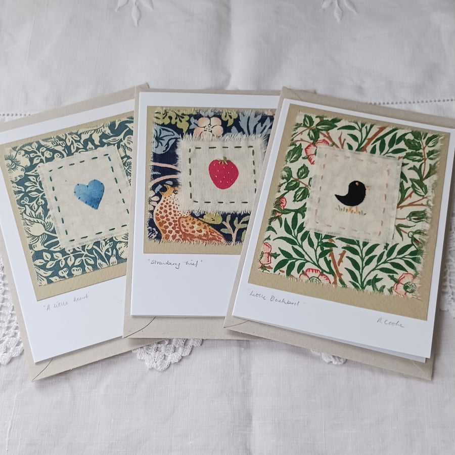 William Morris Heart Strawberry Thief and Blackbird hand stitched fabric cards
