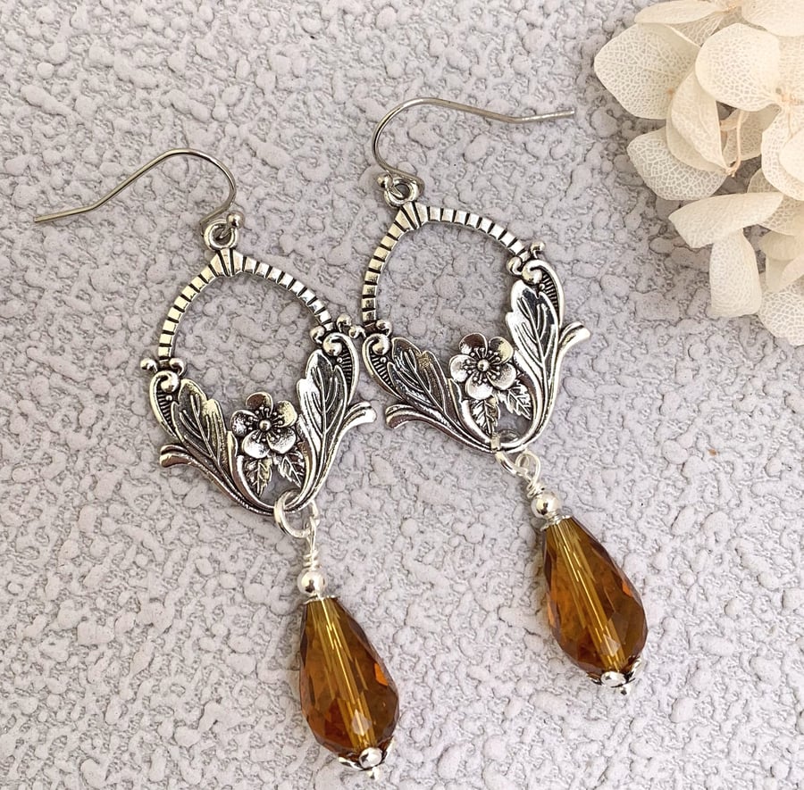 Vintage Style Silver and Amber Glass Teardrop Earrings