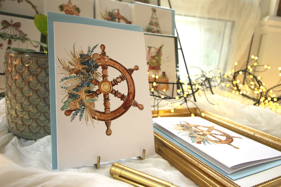 Beach Christmas Wreath Card – Nautical Coastal Christmas Card with Seashells