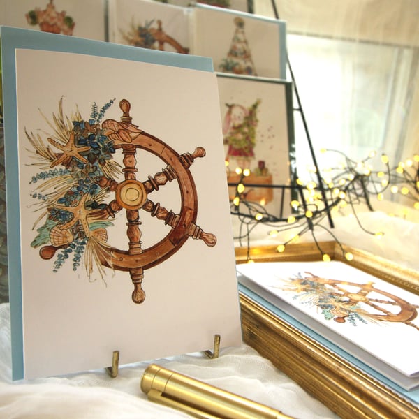 Beach Christmas Wreath Card – Nautical Coastal Christmas Card with Seashells