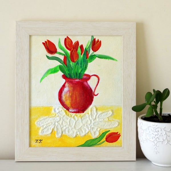 Red Tulips Painting, Flowers Framed Artwork, Mixed Media Collage Art