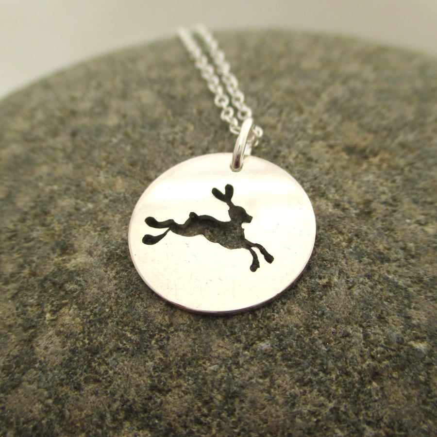 Hare Necklace. Running Hare Sterling Silver Pendant made by artist maker. 