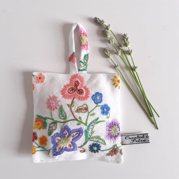Lavender bag upcycled in folk art style floral vintage embroidery 