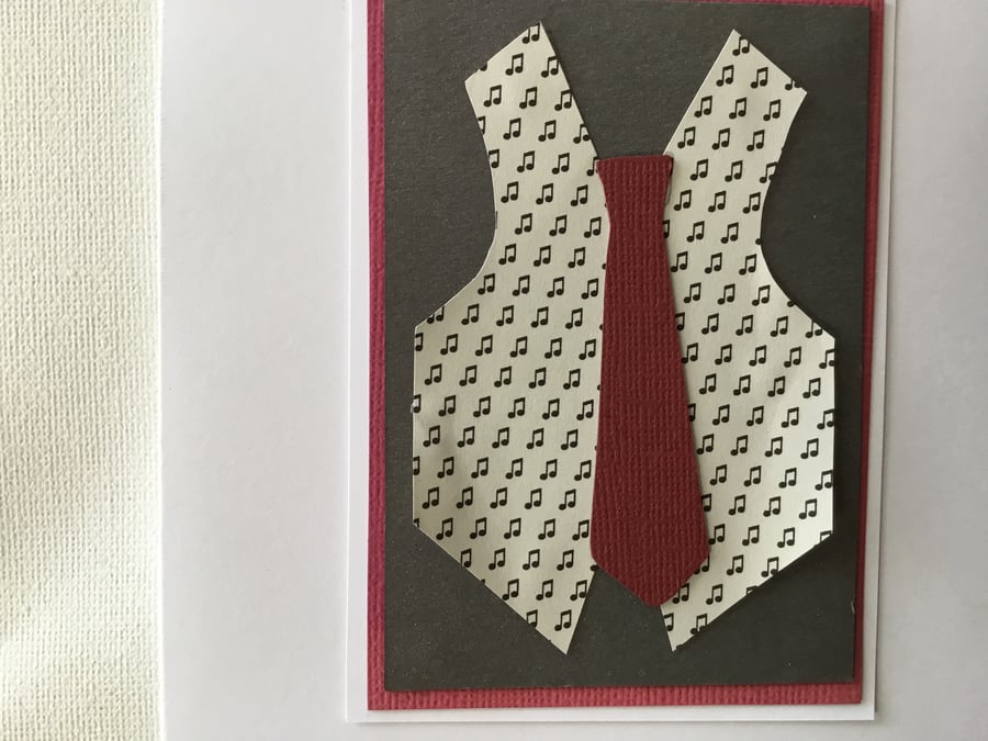 Musical waistcoat with deep red tie card