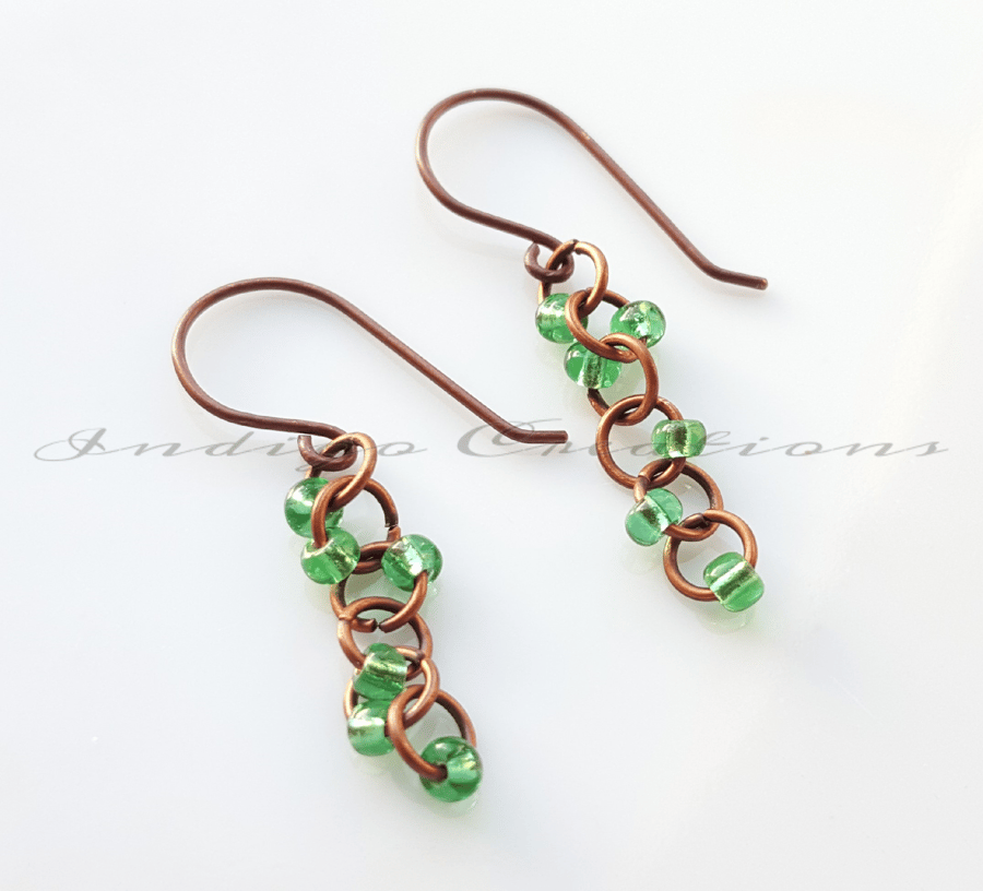 Earrings Bronze Chainmaille And Green Seed Bead Drop Earrings.