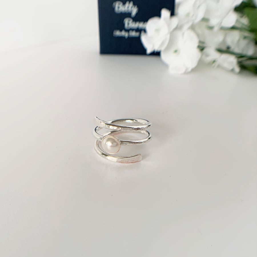 Eco Sterling Silver Wrap Ring with Swarovski Pearl Cabochon