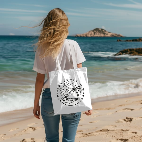 Happines Near The Waves Tote Cotton Shopping Bag.