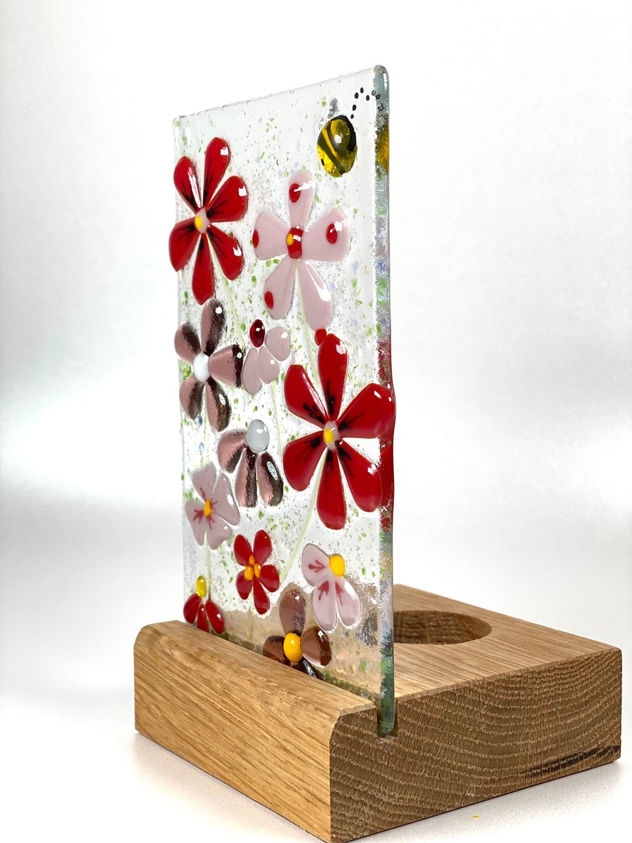 Retro flowers Fused glass candle screen art