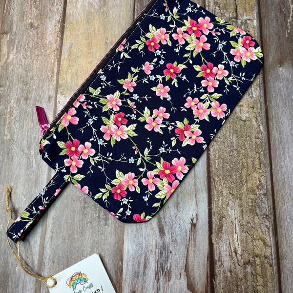 Make Up Pouch, Pencil Case, Make Up Bag, Floral Make Up Bag, Navy Pink Bag, Flor