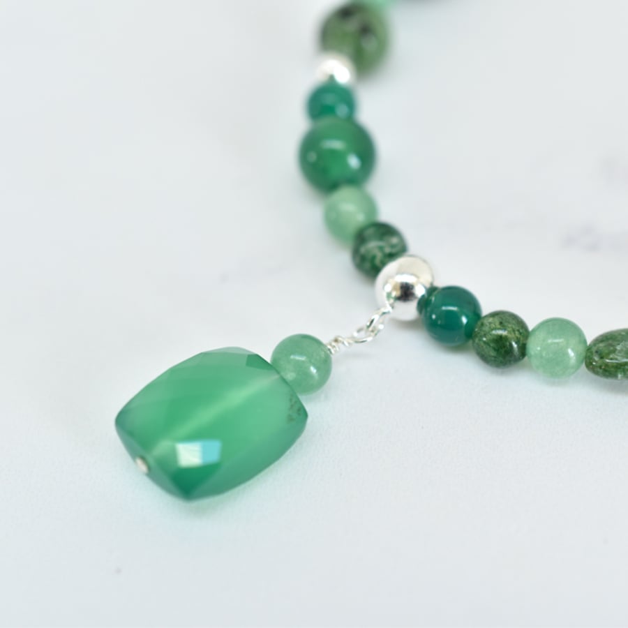Green Onyx, Aventurine, Moss Agate, Sterling Silver Necklace with Onyx Pendant