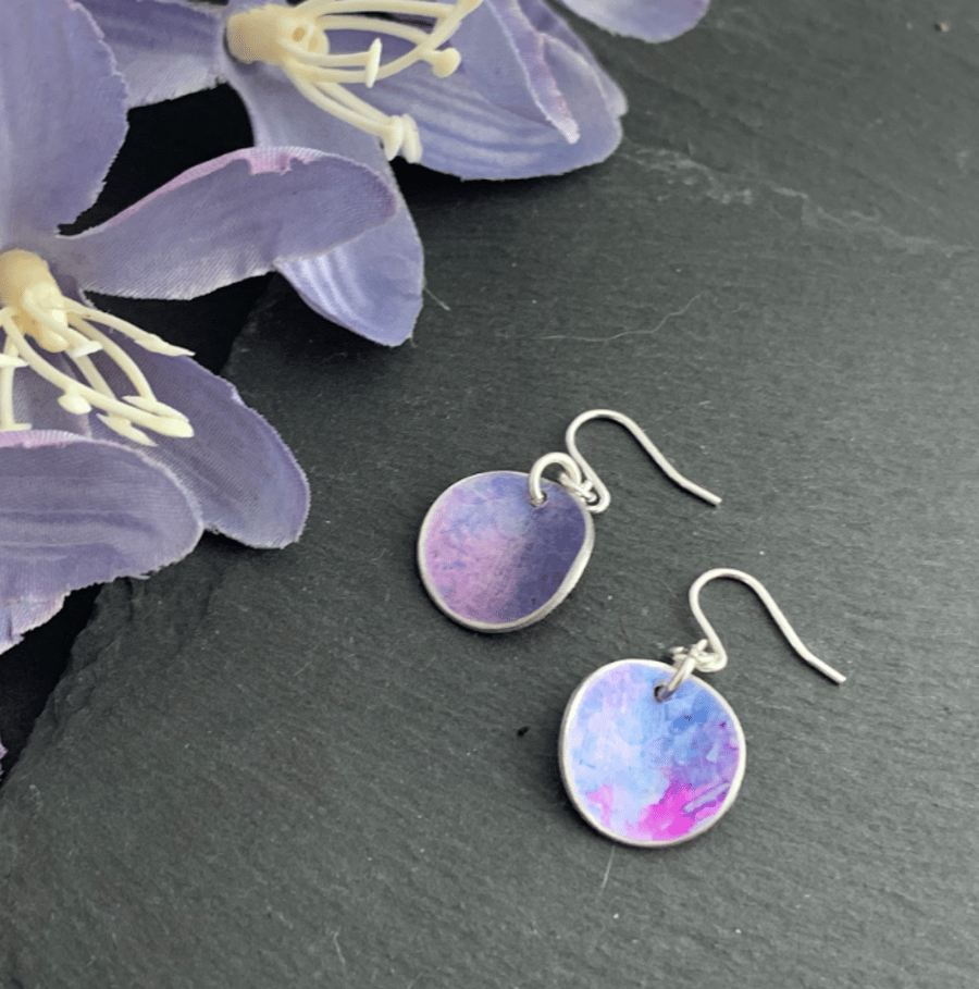 Printed Aluminium and sterling silver earrings - Blue and purple 