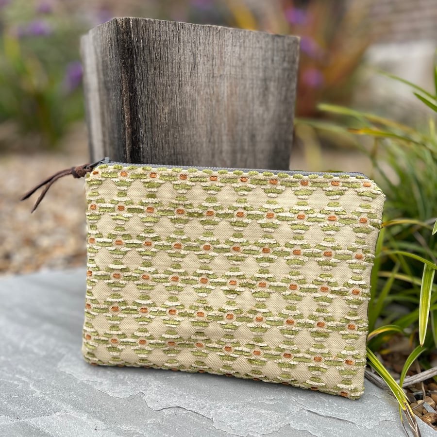 Green cord and chenille zip pouch
