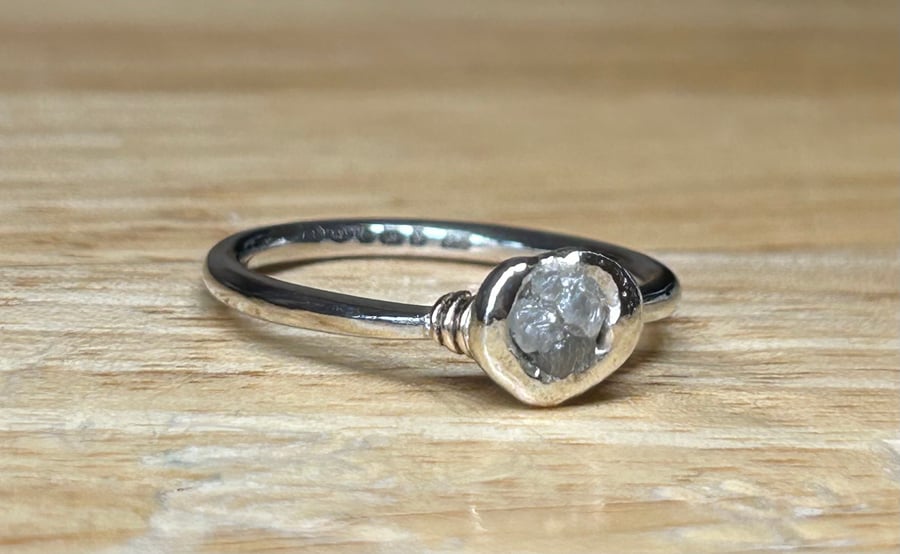 Handmade Uncut Grey Diamond Sterling Silver & 9ct Gold Ring Size T