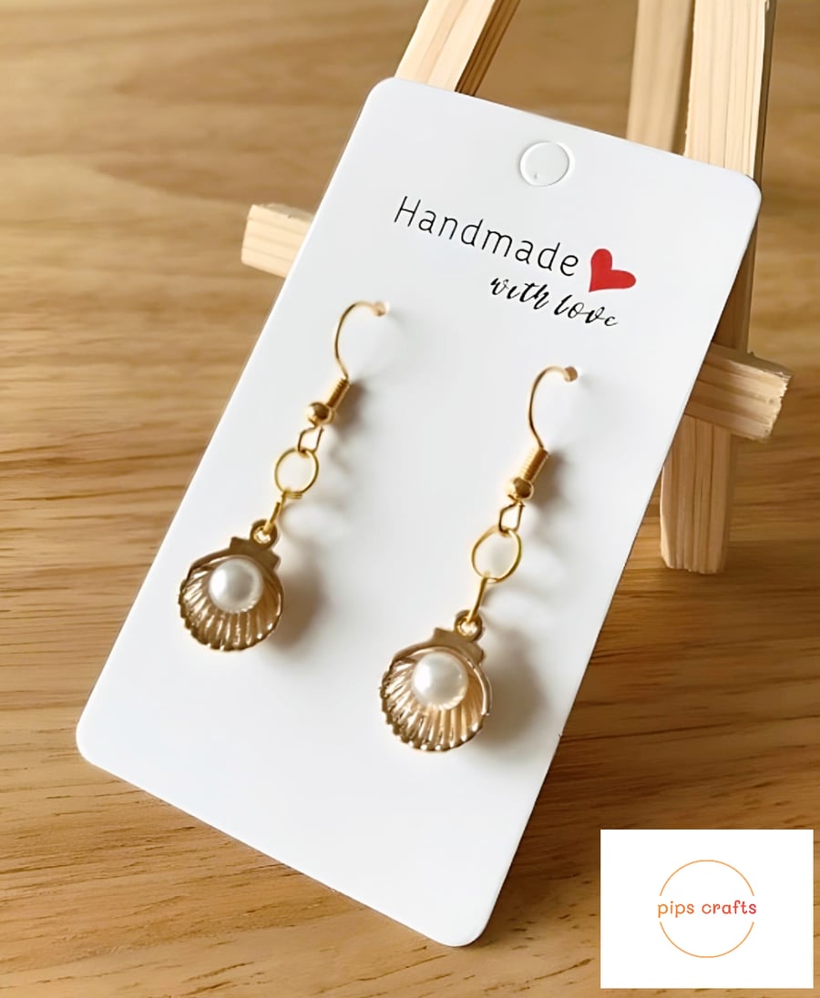 Cute Gold Shell & Faux Pearl Earrings, Handmade, Beach Jewellery, Summer 