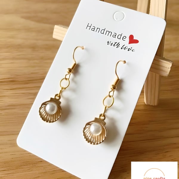 Cute Gold Shell & Faux Pearl Earrings, Handmade, Beach Jewellery, Summer 