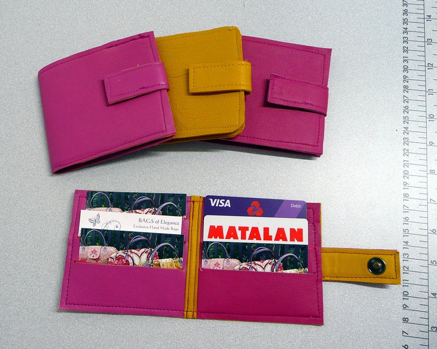 Leather credit card wallet, sample, prototype pink leather yellow leather wallet