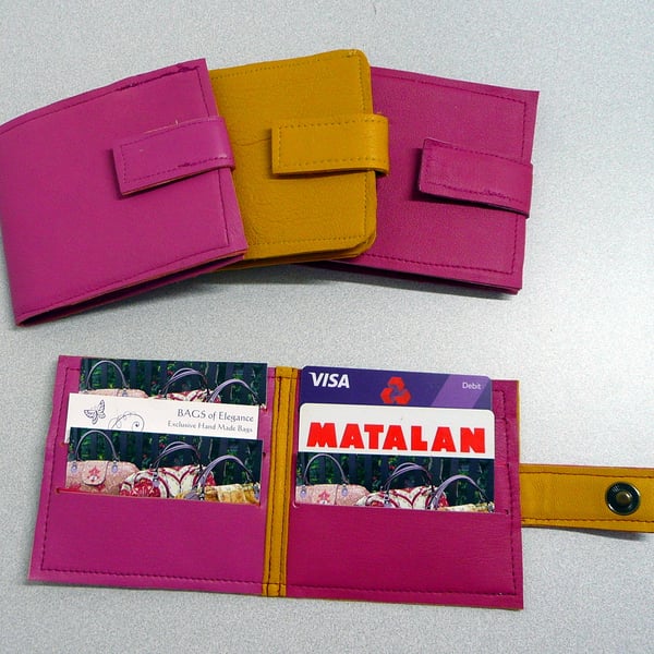 Leather credit card wallet, sample, prototype pink leather yellow leather wallet