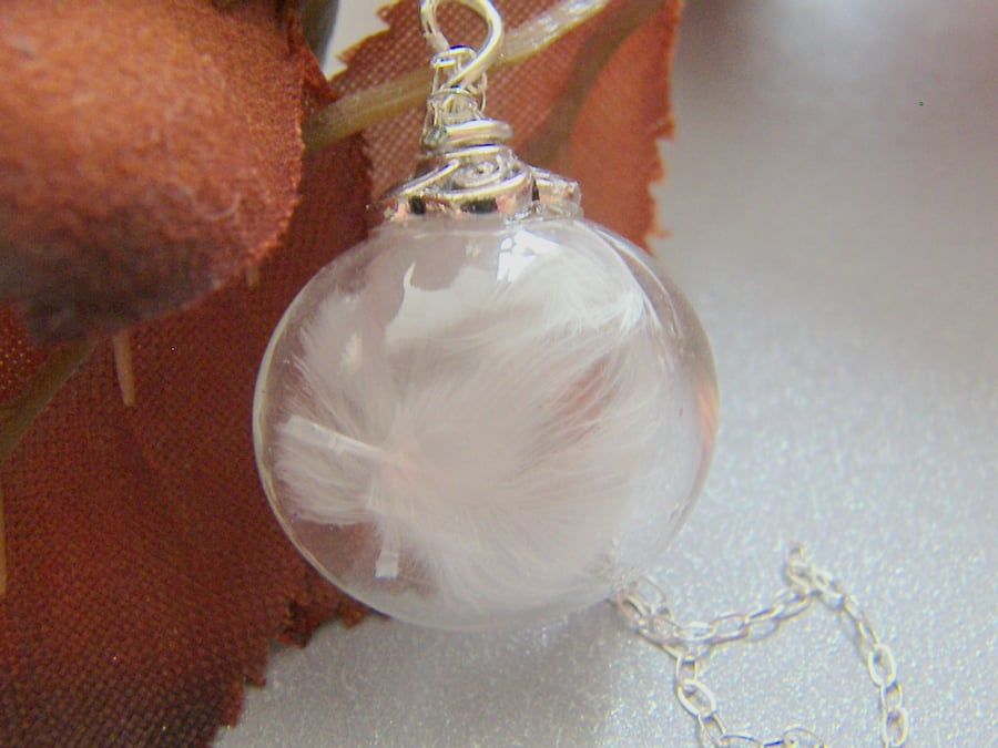 Hand blown Glass Globe Necklace with Marabou Feathers - ANGEL - Bridal Jewelry