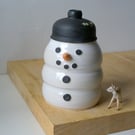 Hand thrown ceramic snowman jar for Christmas treats with black bowler hat